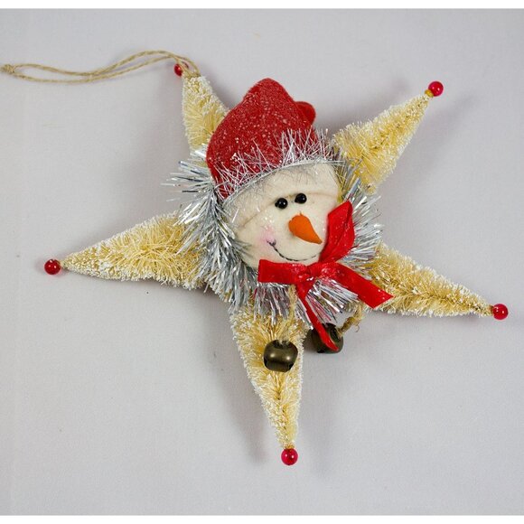 Bottle Brush Star Plush Snowman Face Jingle Bells Antique Finish Ornament - Picture 1 of 2